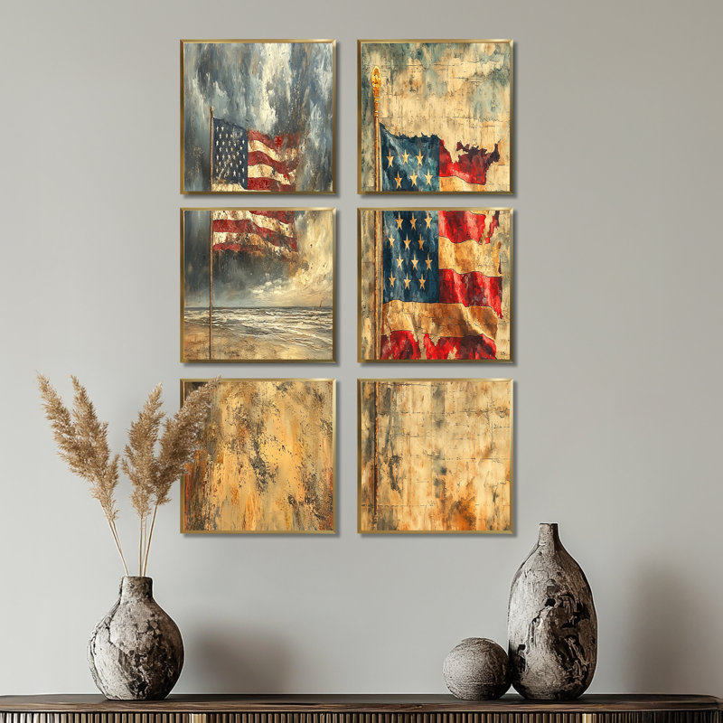 «Us Flag On D-Day Invasion Wwii», ensemble de 6 décorations murales tendance, Impression encadrée sans passe-partout, Doré