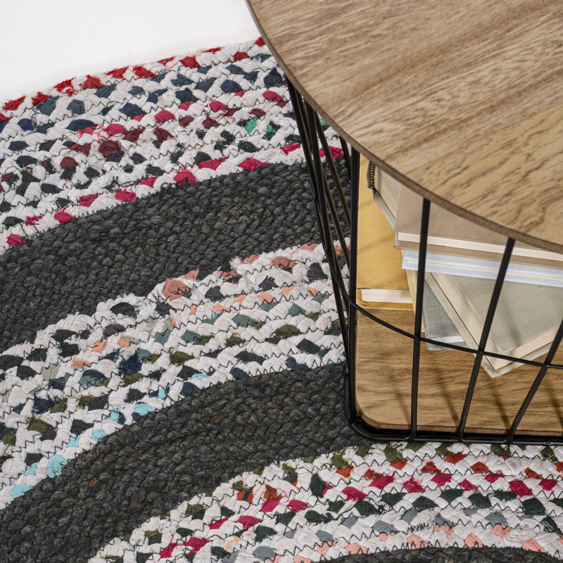Tapis blanc / multicolore en jute bord de mer tressé bohémien K douzeonta, Rond 4 pi