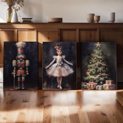 Ensemble de 3 affiches encadrées de style rétro représentant un Casse-Noisette, une ballerine et un sapin de Noël. Décorations murales sur toile, style peinture à l'huile vintage, pour la maison, le salon et les fêtes de fin d'année. Décoration festive avec un soldat Casse-Noisette, une ballerine et un sapin de Noël.