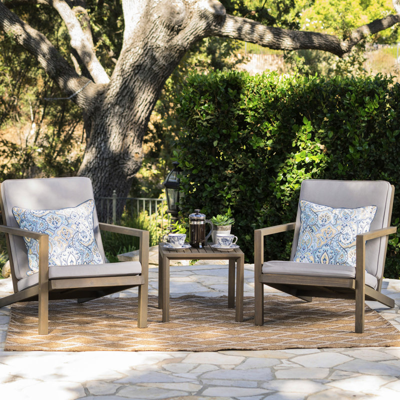 3 Pc Outdoor Chat Ensemble - Comfortable Water- Cushions, Brown Patina Framed, Wood, Beige, 55.3 Lb Furniture Frame, 26.06" Depth