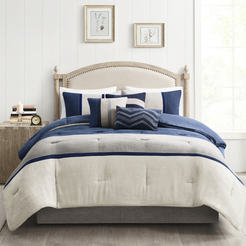 Blue King 7 Piece Comforter - Faux Suede, Elegant Bedding Suede Blue, Fill