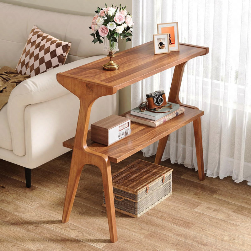 Table de bout en bois massif de style Mid-Century moderne de 27,56 po - Table d'appoint étroite avec tablette de rangement à 2 niveaux, table de chevet élégante et table d'appoint en finition cerisier