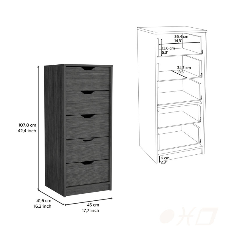 Commode étroite à 5 tiroirs avec un design mince pour un rangement efficace, parfait pour les petits espaces et une finition chêne fumé