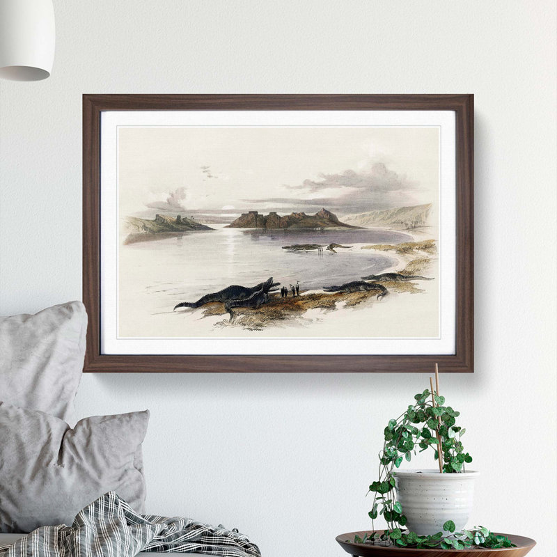 Crocodiles on the River Nile by David Roberts - Picture Frame Painting Print, Walnut Framed, 27cm H x 36cm W x 2cm D