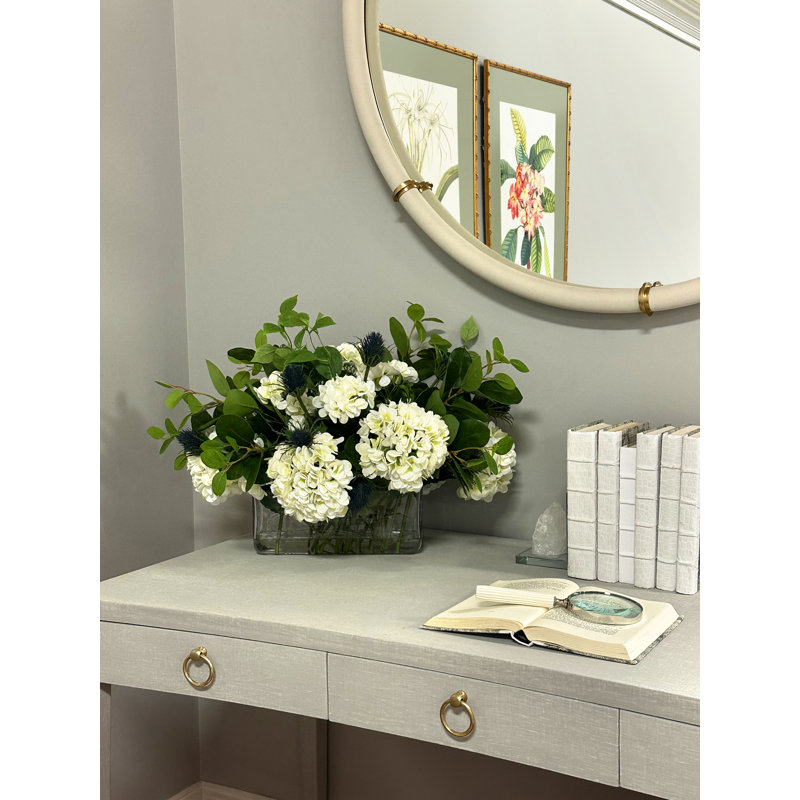 Hydrangea and Thistle Floral Arrangement in a Rectangular Glass Vase