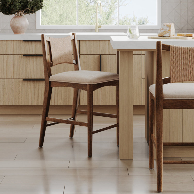 Tabouret de bar bohème avec dossier en jonc de mer et structure en bois brun moyen, Lin / brun moyen, 1