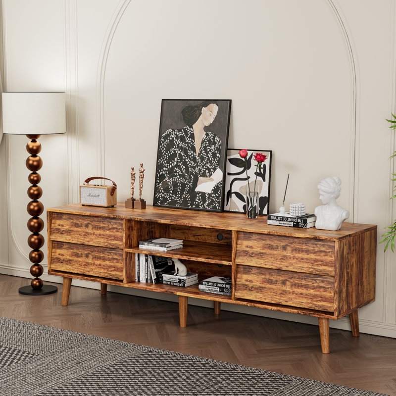 Meuble télé de 63 pouces de style rétro et biseauté, meuble télé avec tiroirs, meuble télé pour salon, console média télé