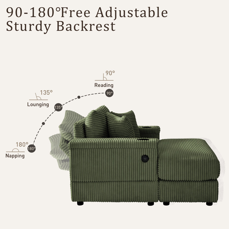 40" Oversized Corduroy Lounge Chair and Ottoman Set with Cup Holders and USB, Olive Green Corduroy