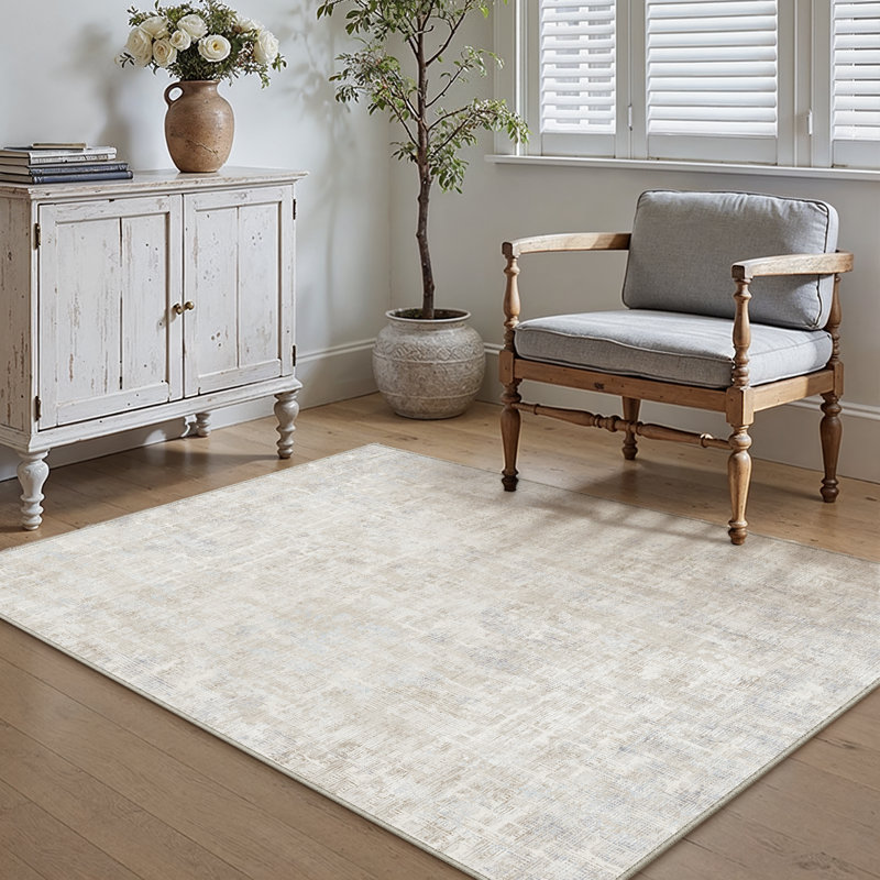 Elegant Modern Machine Washable Area Rug in Beige, Rectangle 3' x 5'