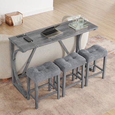 Table de bar 59 pouces et chaise avec port, 3 tabourets rembourrés, pour le salon - prise de courant à surface chauffante type C, loft 4 pièces confortable