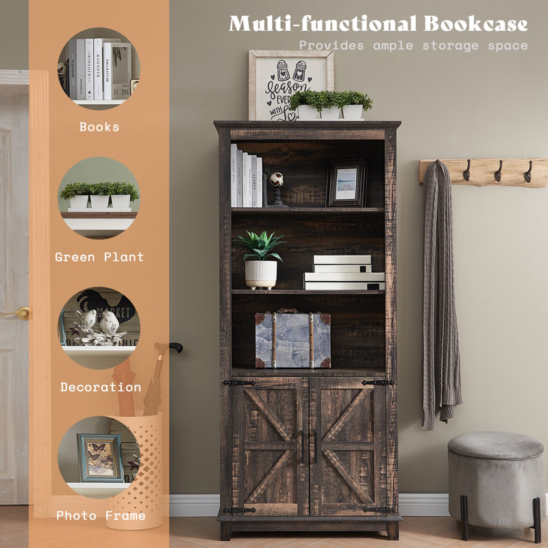 Chimira Farmhouse 69.8" H x 31.4" W 5 Tier Bookshelf with Adjustable Shelves & Barn Door, Black, Black