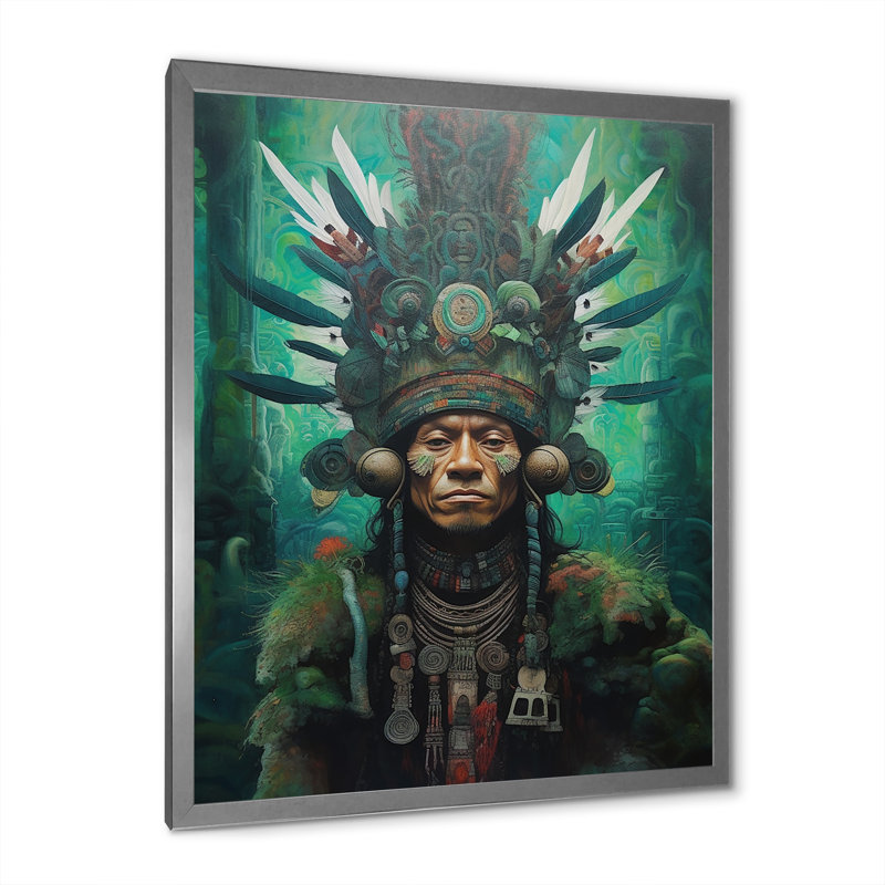 Indigène chaman Amazon Feather coiffe sur toile, H 40 po x l 30 po x P 1,5 po, Cadre simple argenté