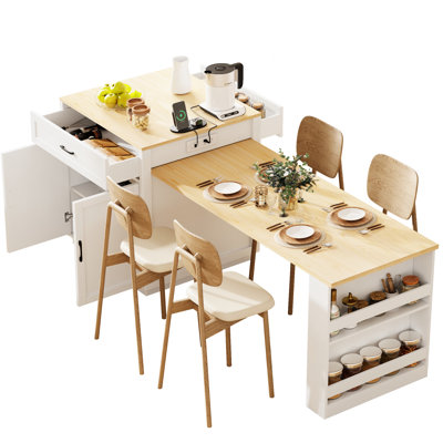 Extendable Kitchen Island With Dining Table For 2-6 People, White, Double Storage, 2 Lockable Wheels, Side Shelves, Elegant Design Drawers, Storage Ar