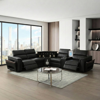 Canapé modulaire noir avec 2 réglages électriques, appuie-tête réglables manuellement, charge sans fil, ports, son, barre lumineuse à DEL, espaces de rangement, rangement pour accoudoirs et console de lecture ou de congélateur optionnelle