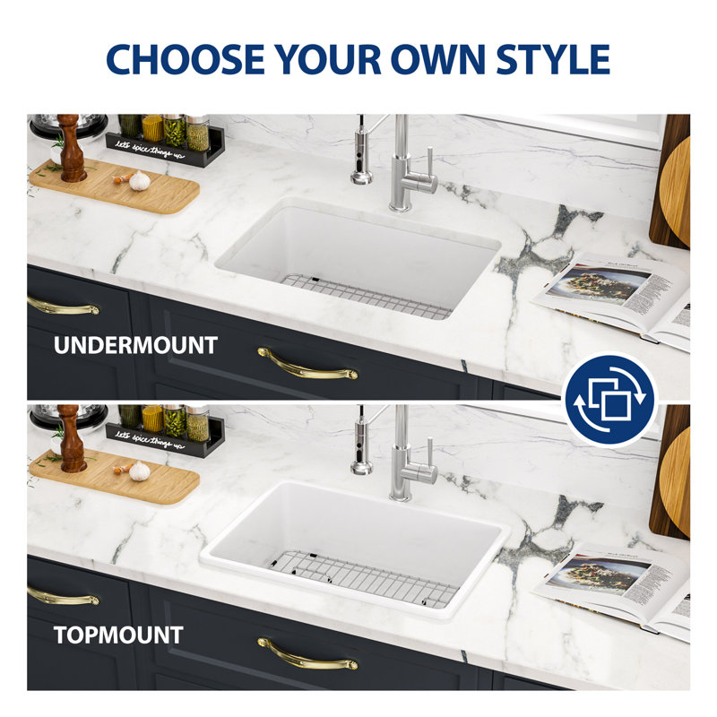 Ceramic 30" L x 18" W Rectangular White Single Basin Fireclay Undermount/Drop-In Kitchen Sink with Sink Grid and Strainer