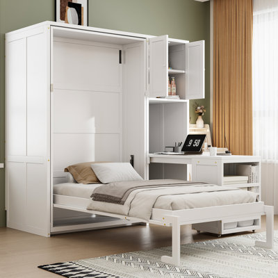 Twin Murphy Bed With Rolling Desk, Storage Cabinte And Bookcase