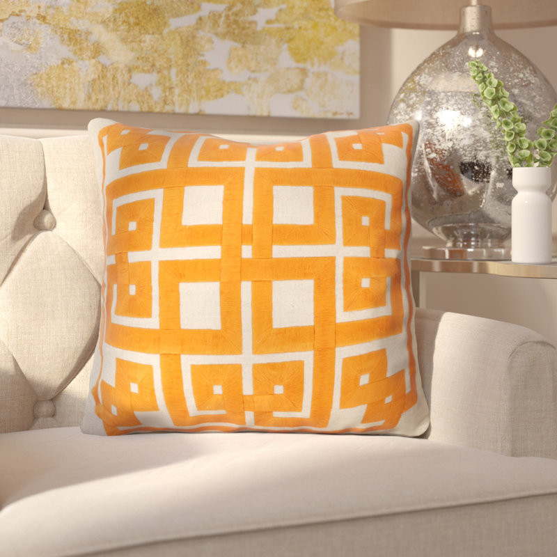 Oatmeal and Quince Yellow Embroidered Linen Square Throw Pillow