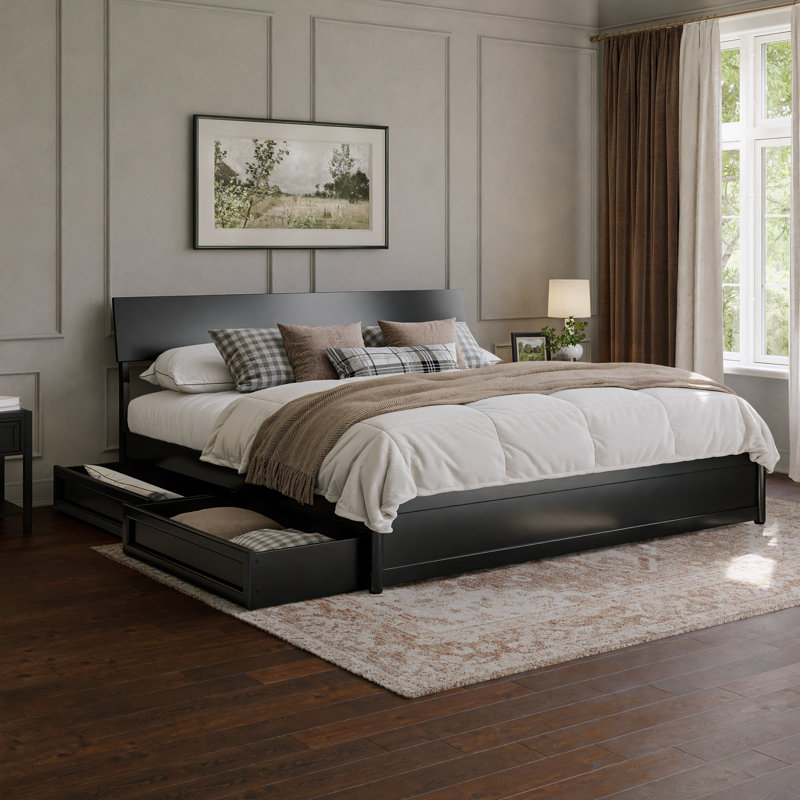 Norla Wood Platform Bed with Storage Drawers, Black, King