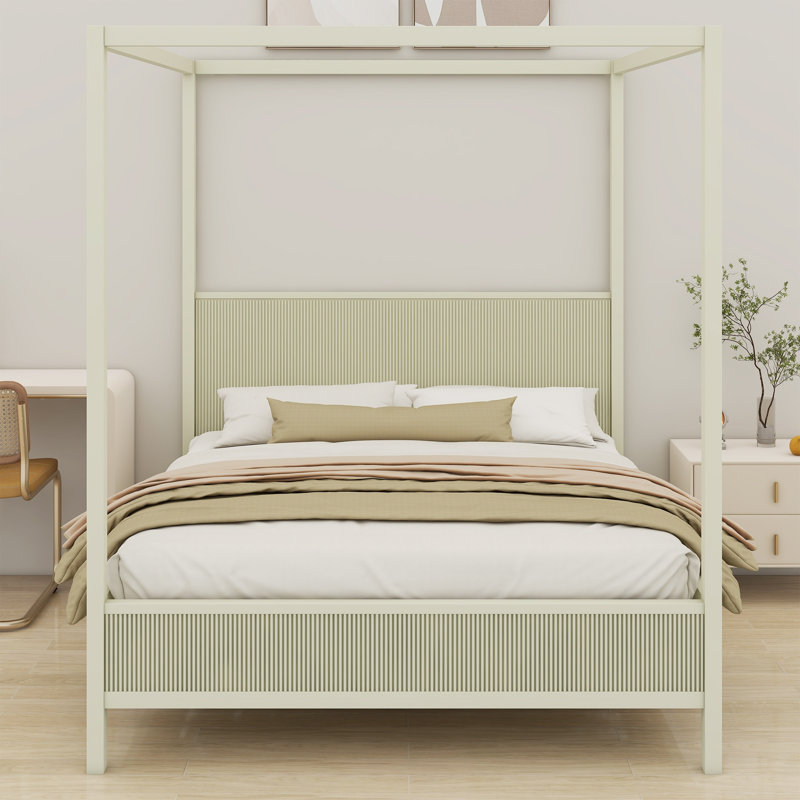 Élégant lit plateforme à baldaquin en bois avec lattes de soutien, Beige, Queen