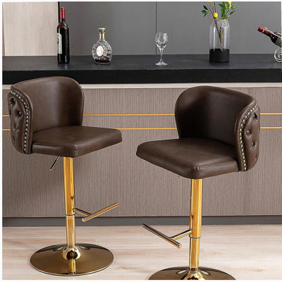 Tabourets de bar pivotants à hauteur réglable, tabourets de bar rembourrés en polyuréthane moderne avec dossier entièrement capitonné, pour pub à domicile et îlot de cuisine (brun), ensemble de 2