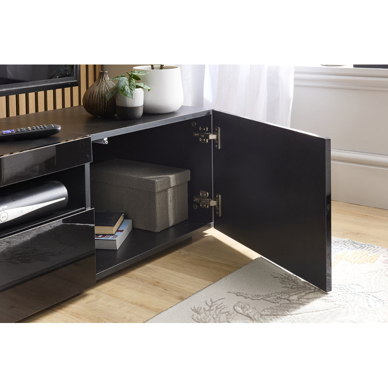 Meuble télé 78,74 po Tague avec lumières à DEL bleues, tablette pour barre de son et 3 armoires Tague - console multimédia moderne 79 po avec rangement audiovisuel rabattable et gestion des câbles pour les téléviseurs de 88 à 90 po (capacité de 