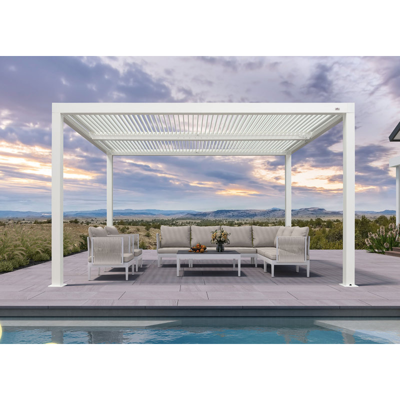 Pergola blanche à persiennes d'extérieur en aluminium avec toit réglable, Clôture en bois x P 10 po