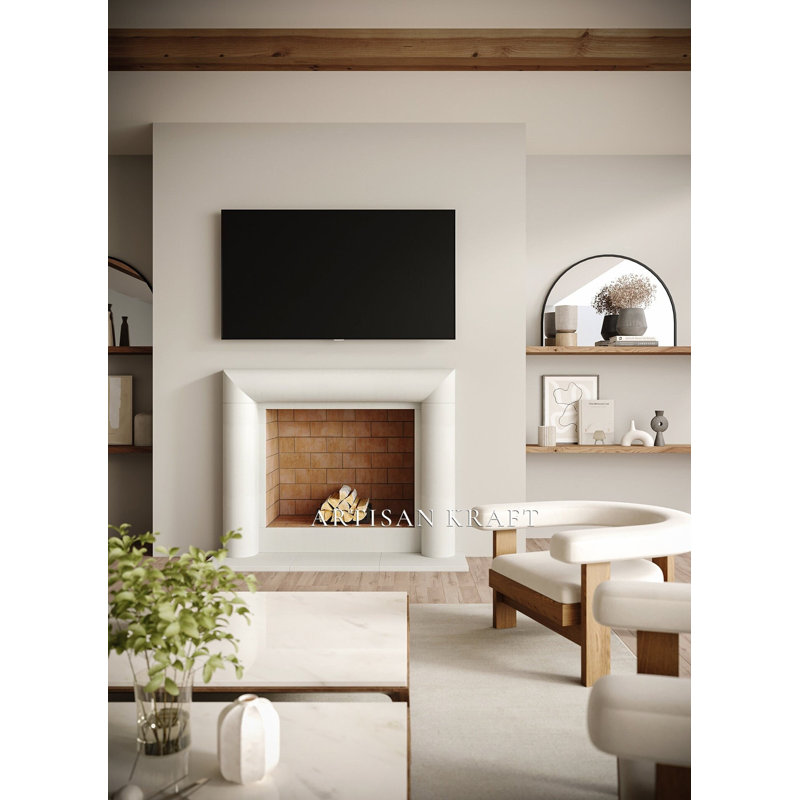 Encadrement de foyer en pierre avec foyer biseauté Aspen, Terre, H 52 po x l 65 po x P 8 po