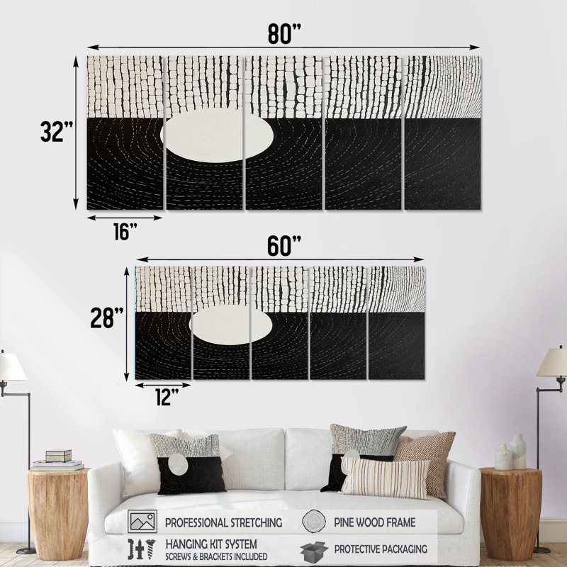 «Balance Black White Minimal White Circle - Minimalisme paysage, art mural pour le salon», 5 pièces, H 28 po x l 60 po