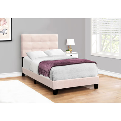 Mobilier de chambre simple, cadre de lit tapissier en velours rose, lit pour adolescent transitionnel, cadre rembourré