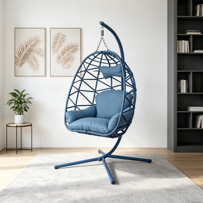 Fauteuil hamac en forme d'œuf, fauteuil pivotant, fauteuil suspendu en osier avec coussin lavable amovible - support en métal robuste, conception tissée respirante capacité de 350 lb pour le patio intérieur et extérieur (bleu + bleu)