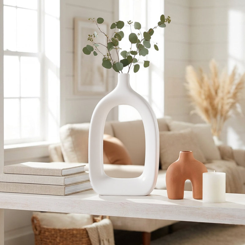 Vase en céramique blanc à trou ouvert 15 po Keiko, Blanc