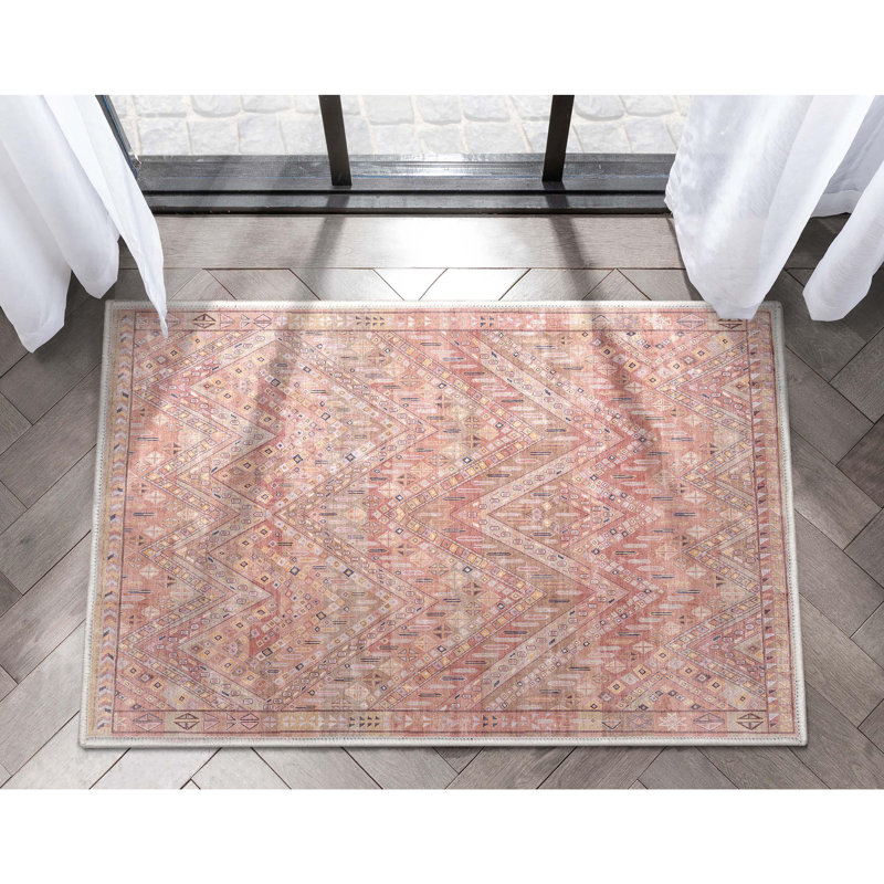 Ervin Anya Vintage Tribal Chevron Pink Beige Rust Flat-Weave Rug, Rectangle 2' x 3'