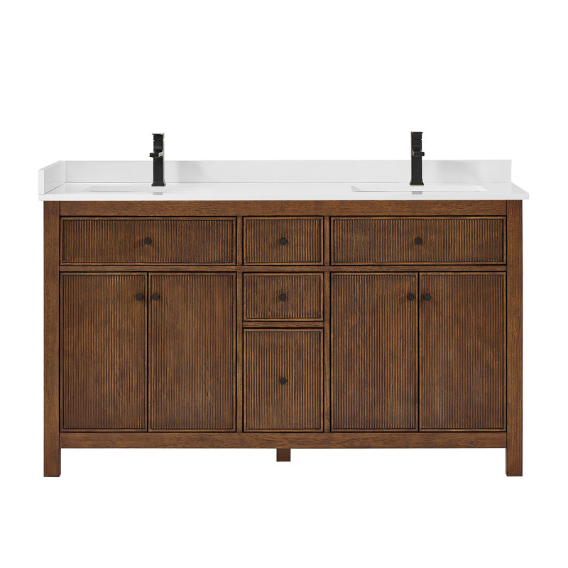 Elan TK 66" Freestanding Double Bathroom Vanity with Cultured Marble Top, White Cultured Marble, Dark Walnut, Brushed Gold