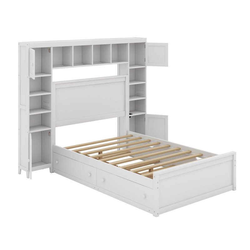 Grand lit en bois avec armoire, tablette et prises, lit gigogne simple TG, Blanc