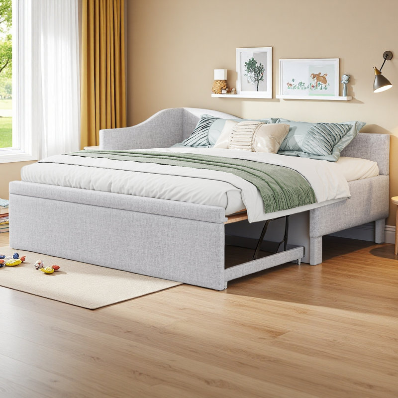 Twin Size Upholstered L-Shaped Upholstered Daybed With Pop Up Trundle, Beige