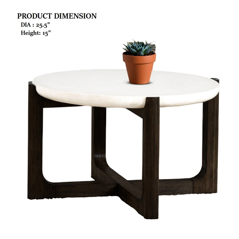 Table à cocktail de 25 po de style transitionnel avec plateau en pierre de quartz et base à tréteaux en noyer foncé pour une surface de 25,5 po