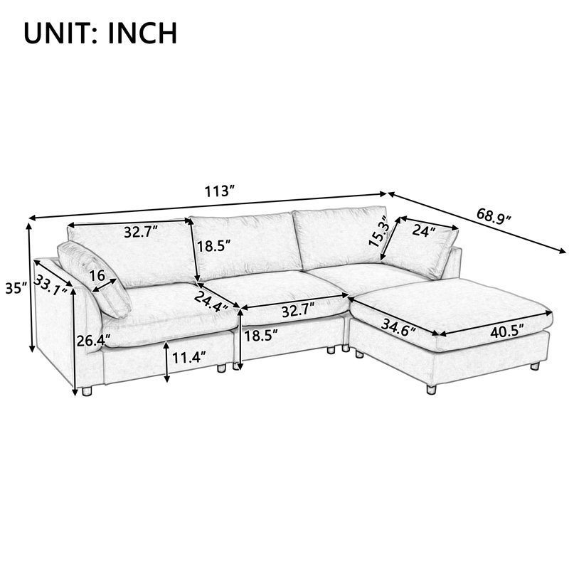 Upholstered Convertible Sectional Sofa - L-shaped Couch With Reversible Chaise - U-style Design