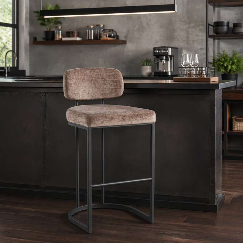 Tabouret de bar à hauteur fixe en métal noir et tissu brun - ensemble de 2, Siège brun / cadre noir