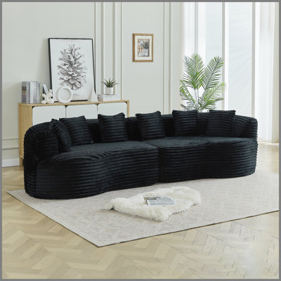 Curved Sectional Sofa, 111.5-inch Oversized Modern Bone-Free Cloud Sofa with 6 Pillows Luxury Corduroy Four-Seater Memory Foam Sofa with Deep Seat Design,black