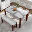 Ensemble de salle à manger 4 pièces en faux marbre avec banc, revêtement beige, pieds en bois d'hévéa massif, design moderne peu encombrant pour la salle à manger