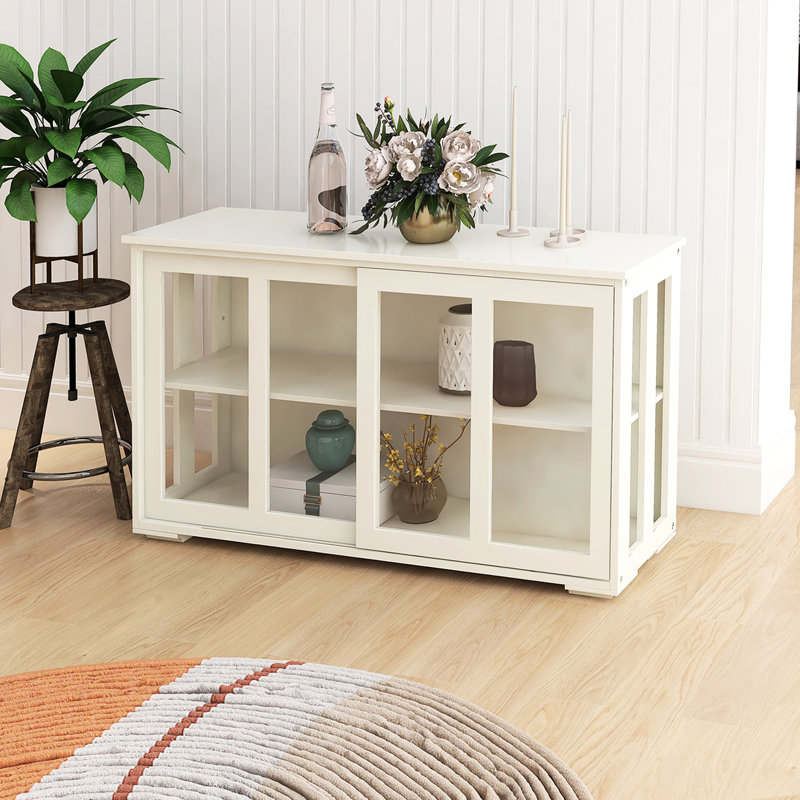 White Kitchen Storage Cupboard With Glass Door. Strong Construction For Lasting Use. 2 Sliding Doors And Adjustable Shelf Organized Space. Finish. Non-Slip Bottom To Keep Floor Safe Cabinet - Crafted