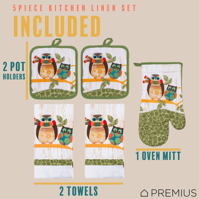 Ensemble de linge de cuisine imprimé 5 pièces PREMIUS, hiboux, 2 serviettes en coton, 2 poignées, 1 gant de cuisine