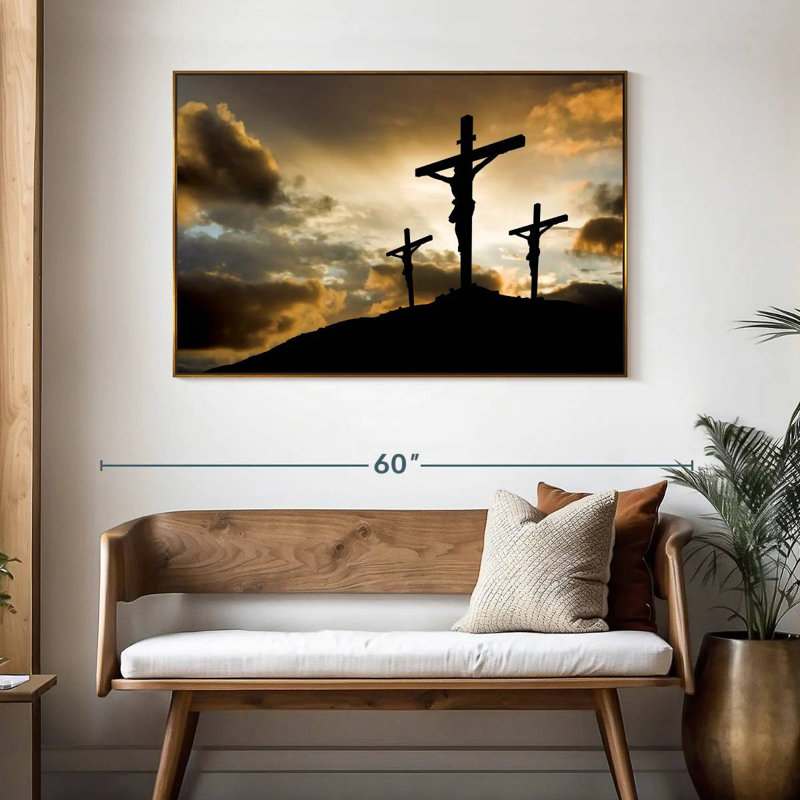 Croix au calvaire, 46 po x 31 po, Cadre flottant doré