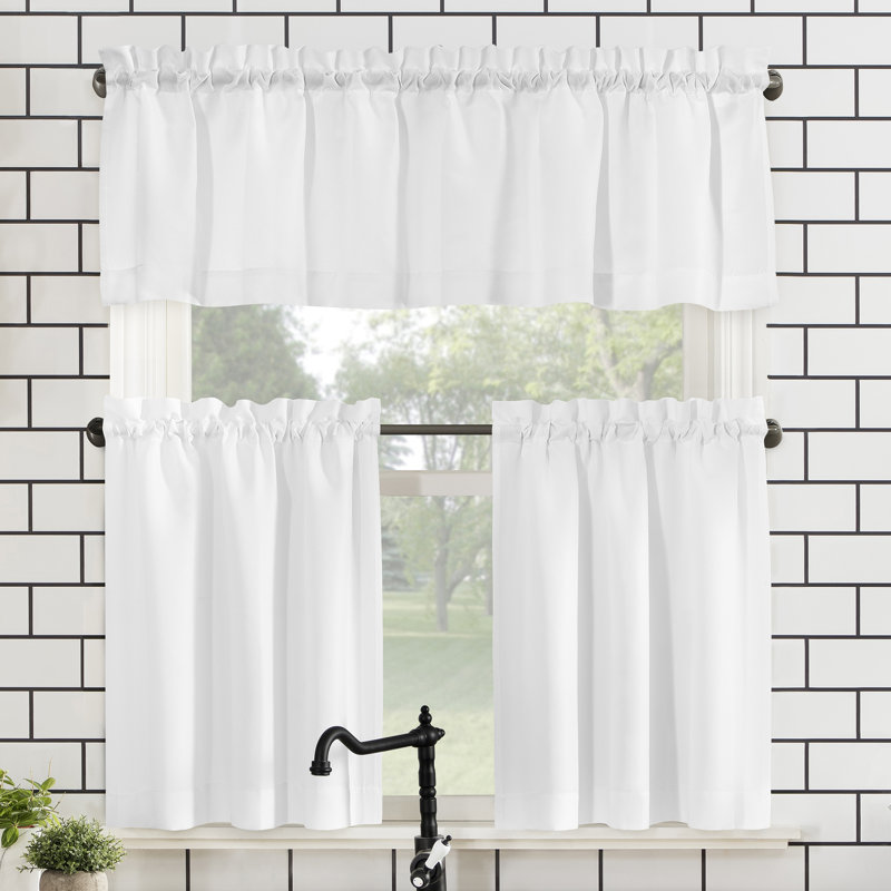 Wayfair Basics®Buchheit Semi-Sheer Rod Pocket Kitchen Curtain Valance and Tiers Set, White, 54" W x 24" L