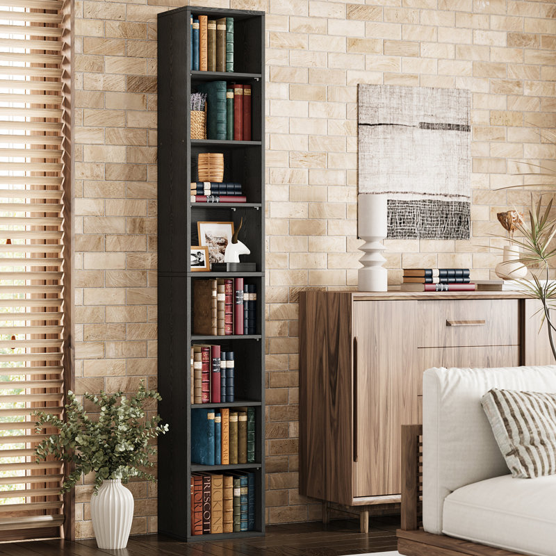 Narrow Design Storage,8-layer Thin High Bookcase With Open Adjustable Shelves,cube Display Rack, Black