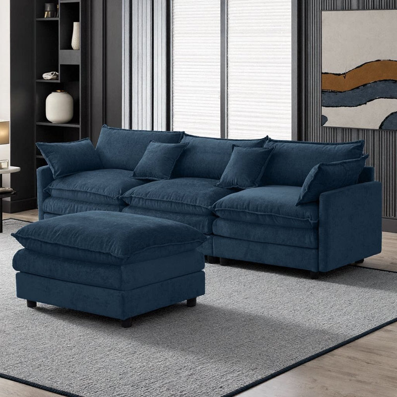 Canapé modulaire en L 105 po avec repose-pieds modulaire de 105 po en L chenille doux, Bleu