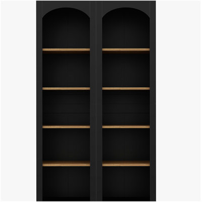 A standalone 5-tier bookshelf, 2 sets of farm-style dual-color storage cabinets, and a bookshelf set with adjustable shelves
