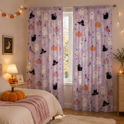 2Pcs Halloween Ghost Pumpkin Witch Hat Black Cat Curtains, Whimsical Cute Pattern Light Filtering Window Drapes for Living Room Bedroom Kitchen Patio Decor, Easter Decorations