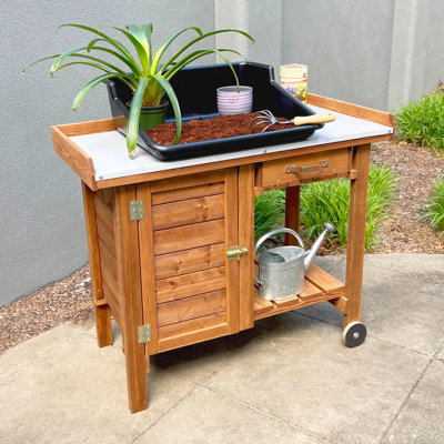Tierra Garden Gardeners Table with Wheels Cabinet and Drawer 42.5"Wx20.5"Dx35.5"H Olivarria