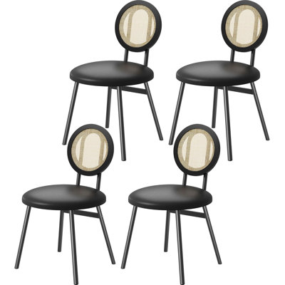 Modern Upholstered Dining Chair Set | Cane Rattan Back, Thick Cushioned Seats, Ergonomic Metal Legs, Space Saving for Kitchen Dining Room, Black 4-Pack